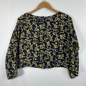 Samuji Brencis Shirt Size 38 (US M) Navy Yellow Abstract Print Boxy Linen Cotton